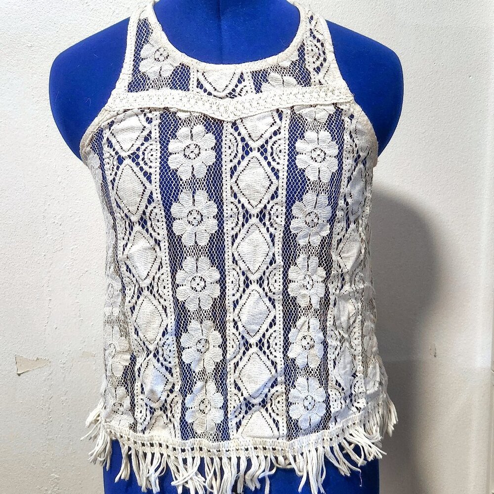 White lace and fringe tank top, size Juniors Small or women's XS